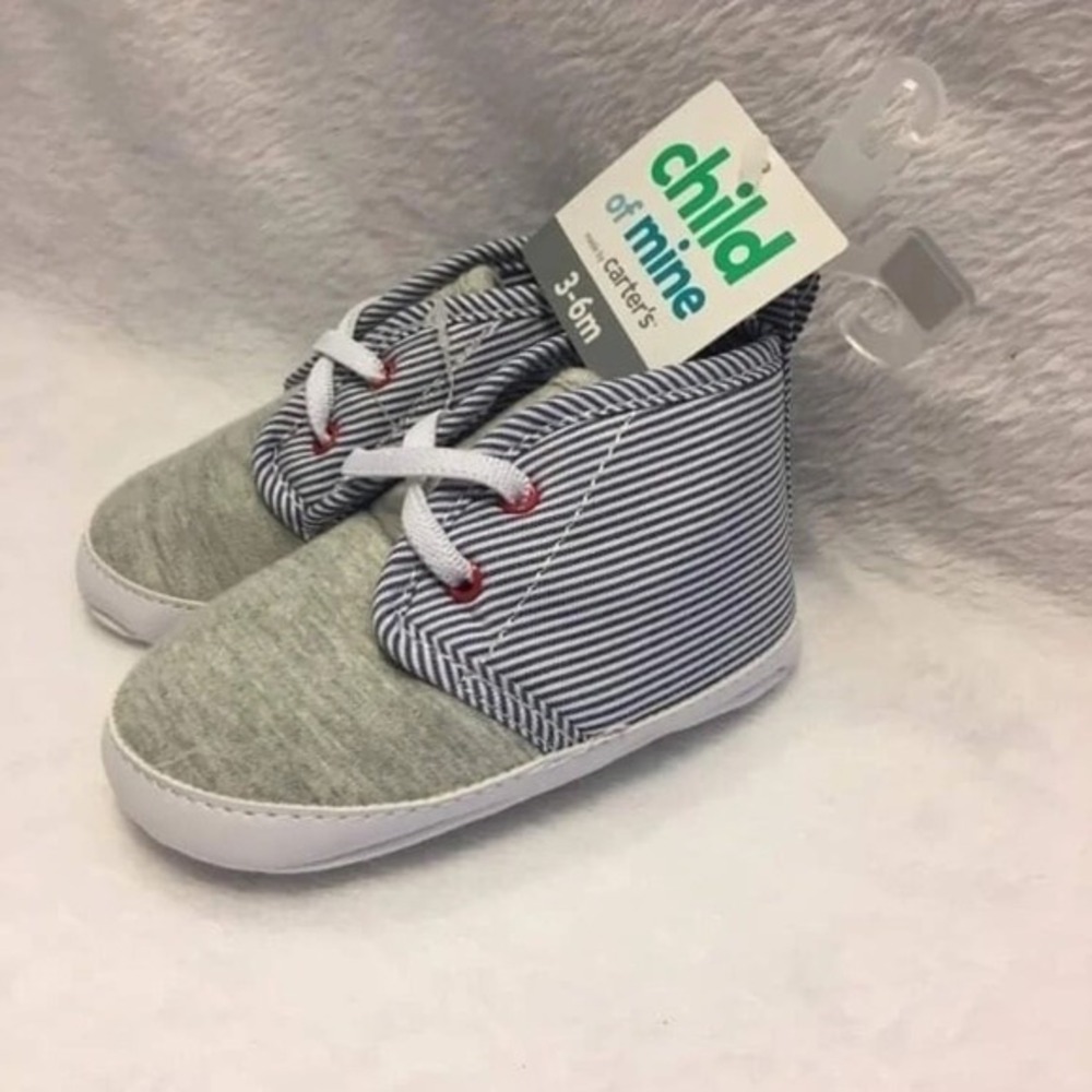 Child of Mine Booties Baby Boy 0-3m Gray Blue Striped New Soft Sole Crib Shoes‎